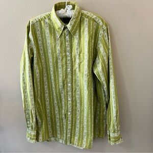 Vintage Lucky Brand Mens Button Down Shirt L Large Green White Floral Stripe